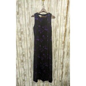 Evan Picone Vintage 90s Velvet Floral Dress Maxi Sleeveless Black Purple 10 NWT